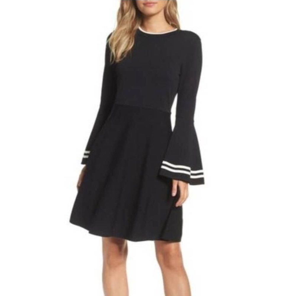 Eliza J Black Knit Long Flare Bell Sleeve Modest Crewneck Fit and Flare Dress - Picture 1 of 9